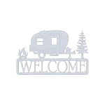 A laser-cut aluminum wall sign featuring a camper trailer, a campfire on the right, and an evergreen tree on the left. Below these elements, the word 'WELCOME' is prominently displayed in bold, capital letters. The entire piece has a rustic, metallic finish set against a black background, showcasing its intricate cutout design.